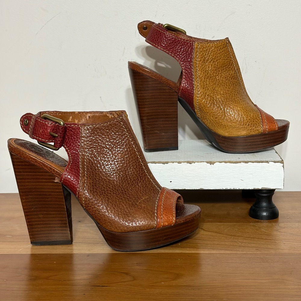 Vintage Lucky Brand 90s Colorblock Leather Platform Slingback Sandals Brown 6.5